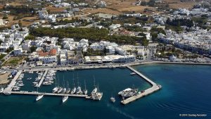 Aerial photo of an orthodox church named Ekatonatpiliani located in Paros Island, Greece