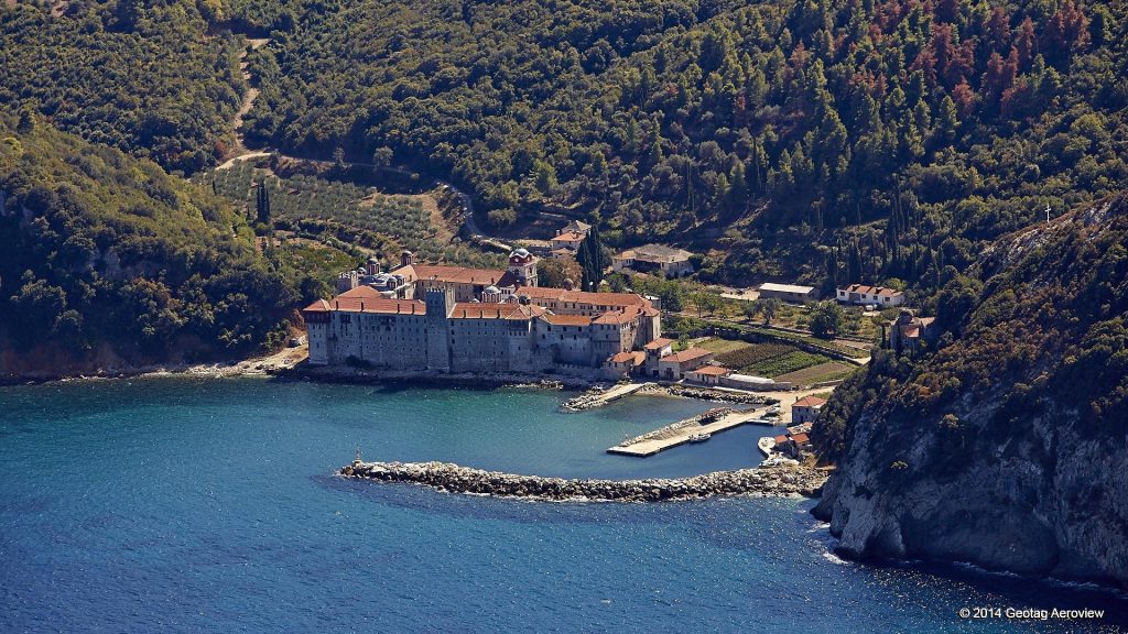 Aerial photo of the buildings and the surrounding area of Esphigmenou Orthodox Monastery at Mount Athos, Greece