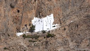 Aerial view of Hozoviotisa Monastery. A building sculptured in the rocks of Amorgos Island in Greece