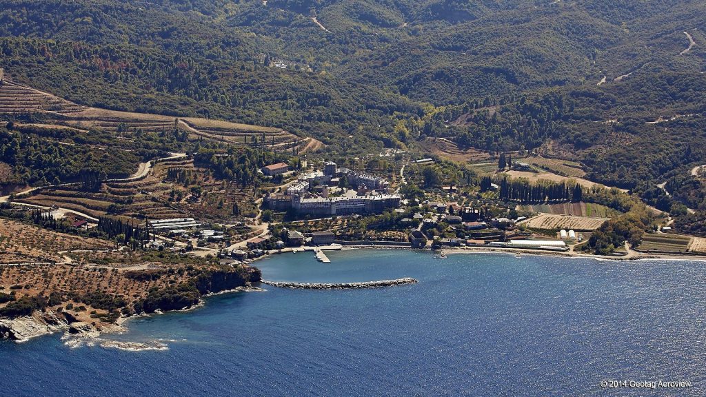 Aerial photo of the Monastery of Vatopedi which is located on the north-eastern part of the Athos peninsula.