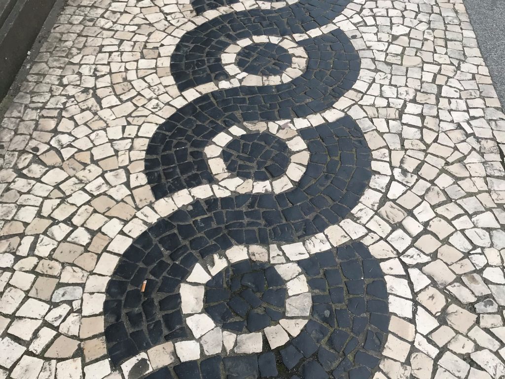 Patterns on road made with black and white stone blocks
